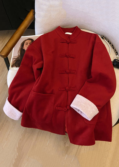 Manteau en laine épaisse avec poches à boutons et col montant rouge pour l'hiver QG033