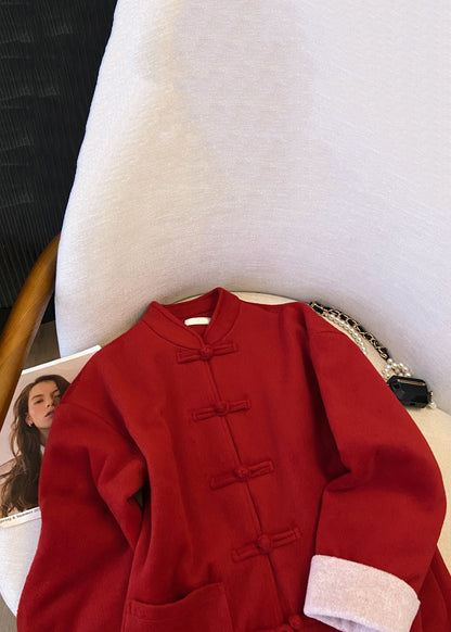 Manteau en laine épaisse avec poches à boutons et col montant rouge pour l'hiver QG033