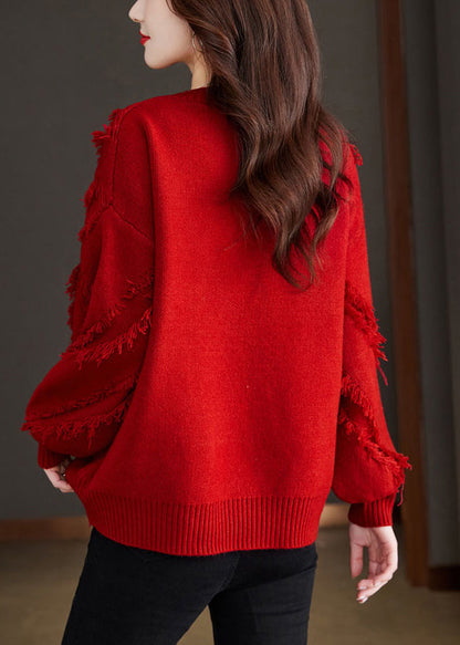 Nouveau pull en laine rouge à pompons confortable en tricot automne QS005