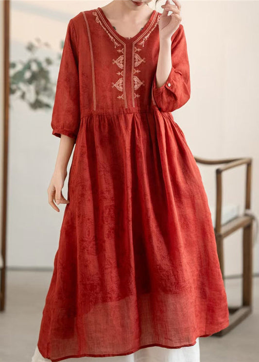 Sommer Rotes Kleid Neue Hals Leinen Bestickt Faltig V