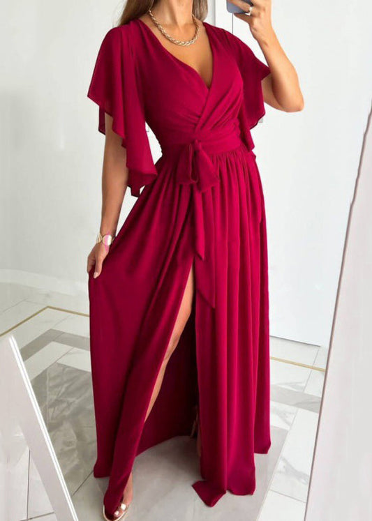 New Red V Neck Tie Waist Side Open Cotton Maxi Dress Summer BB035