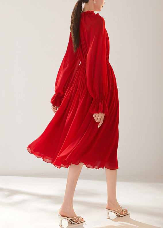 New Red Wrinkled Lace Up Chiffon Dress Fall QR030