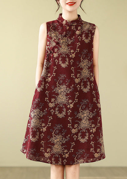 Kragen Retro New A Mulberry Mandarin Kleid Print Cotton Line