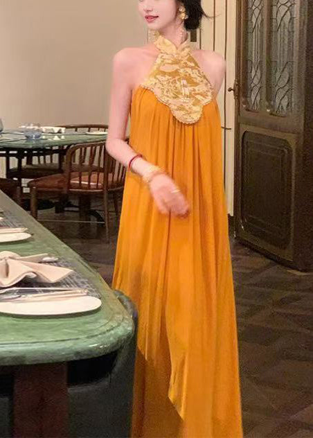 Robe d'été rétro patchwork orange en mousseline de soie
