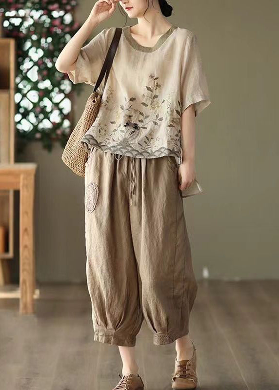 Summer Retro Linen Two Piece New Oversized Pink Set Print