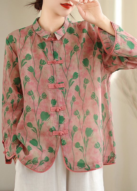 Neue Retro Rosa Peter Pan Kragen Druck Chinesischen Knopf Baumwolle Shirts Top Herbst OO040