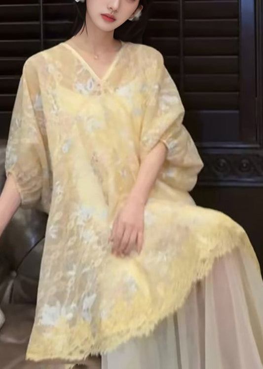 Asymmetrisches besticktes gelbes Kleid Retro New Tüll Oriental