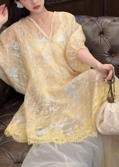Asymmetrisches besticktes gelbes Kleid Retro New Tüll Oriental