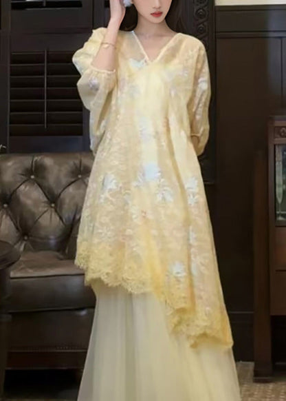 Asymmetrisches besticktes gelbes Kleid Retro New Tüll Oriental
