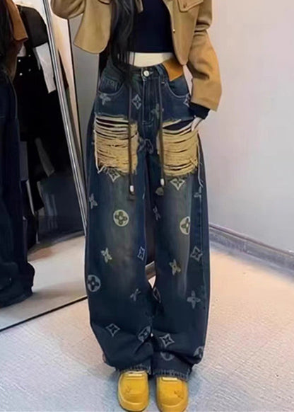 Nouveau pantalon droit en denim imprimé déchiré pour le printemps QQ1034