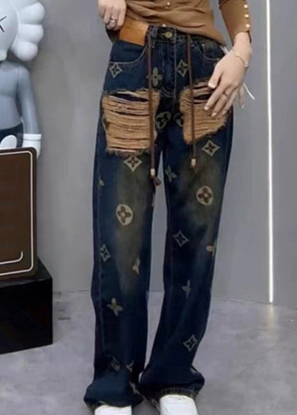 Nouveau pantalon droit en denim imprimé déchiré pour le printemps QQ1034