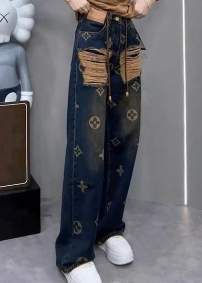 Nouveau pantalon droit en denim imprimé déchiré pour le printemps QQ1034