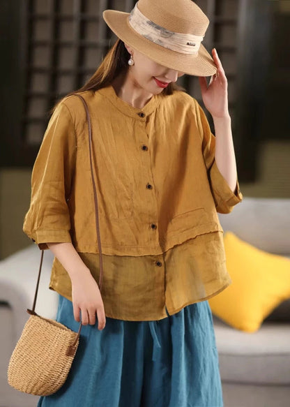 Linen Blouses Neck O Button Patchwork Summer Rose New