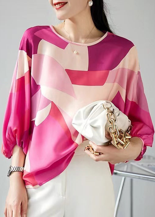 New Rose O Neck Print Button Silk Blouse Spring OP1094