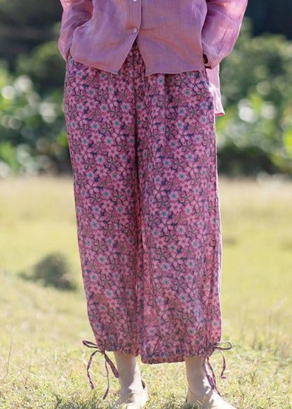 Pantalon court en lin à lacets et imprimé à volants roses pour l'été GH1075