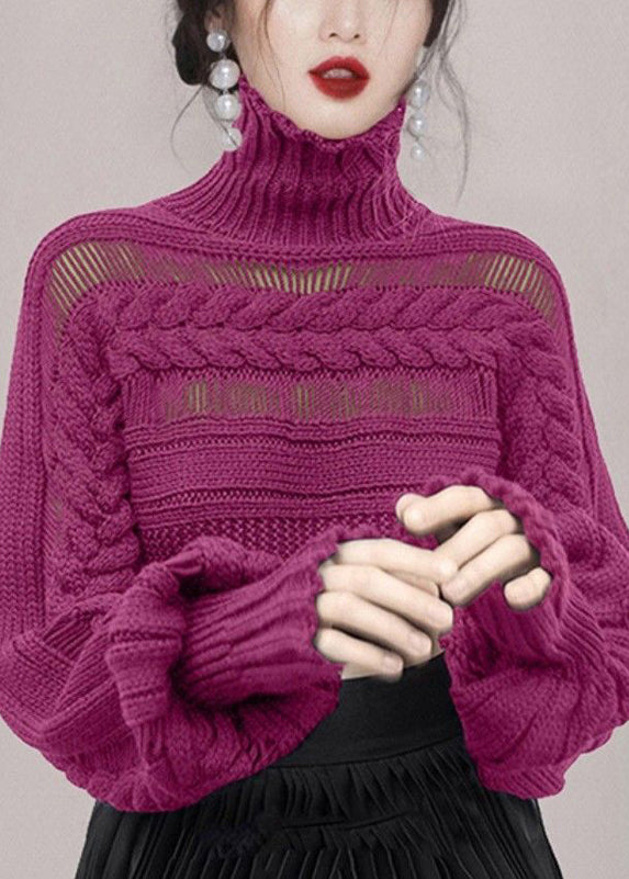 Nouveau pull en tricot torsadé à col roulé rose ajouré hiver WK009