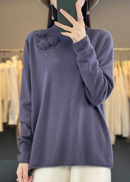 Neuer schlichter beigefarbener bestickter Wollstrickpullover Frühling TQ015
