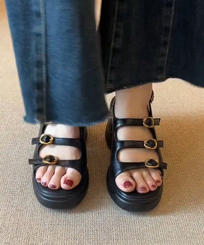 Toe Peep Leather New Platform Faux Sandals Splicing Black