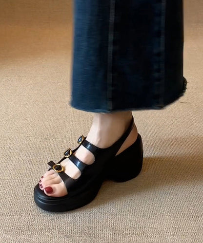 Toe Peep Leather New Platform Faux Sandals Splicing Black