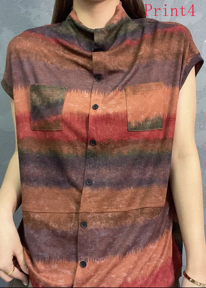 Hauts à manches courtes et col montant pour femmes, imprimés tie-dye, FF003