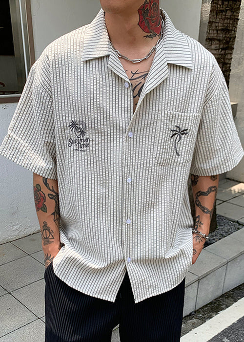 Men Pockets Striped New Summer Shirt Cotton Print
