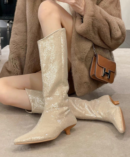 Neue stilvolle Apricot Kitten Heels Pailletten Stiefel OM009