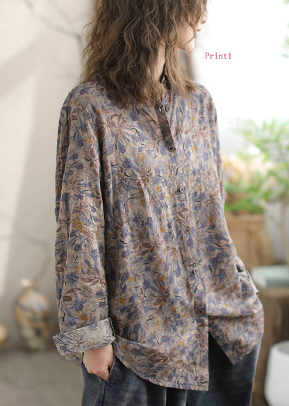 New Versatile Floral Print Peter Pan Collar Cotton Shirt Long Sleeves FF014