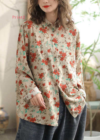 New Versatile Floral Print Peter Pan Collar Cotton Shirt Long Sleeves FF014