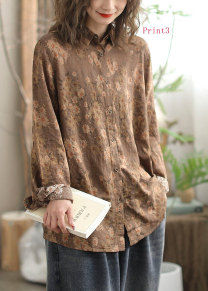 New Versatile Floral Print Peter Pan Collar Cotton Shirt Long Sleeves FF014