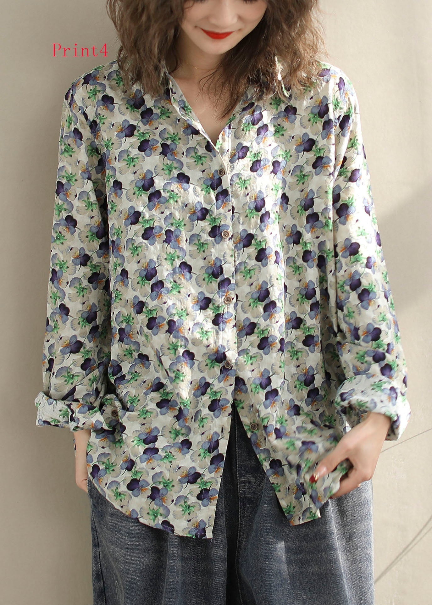 New Versatile Floral Print Peter Pan Collar Cotton Shirt Long Sleeves FF014