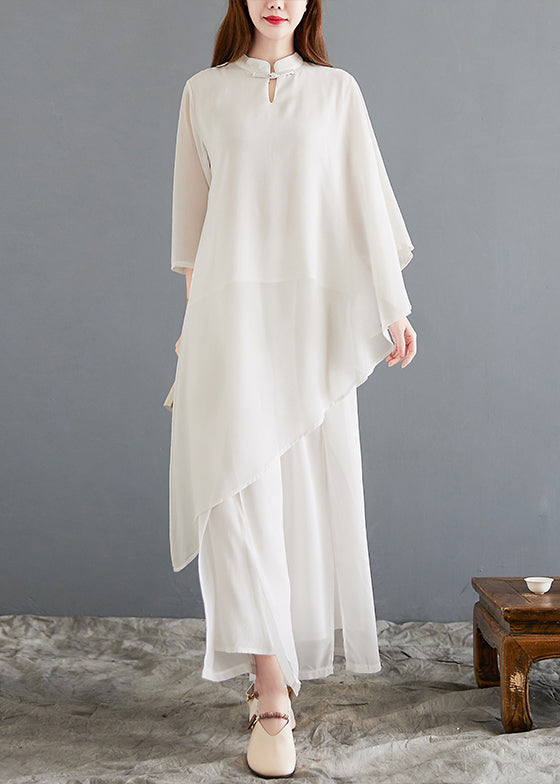 New White Asymmetrical Button Chiffon Sets 2 Pieces Half Sleeve OP1014