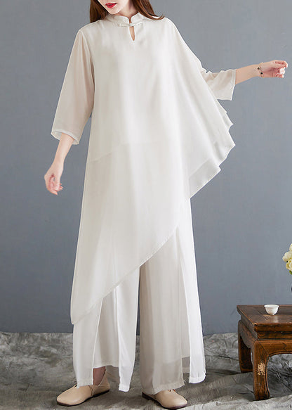 New White Asymmetrical Button Chiffon Sets 2 Pieces Half Sleeve OP1014