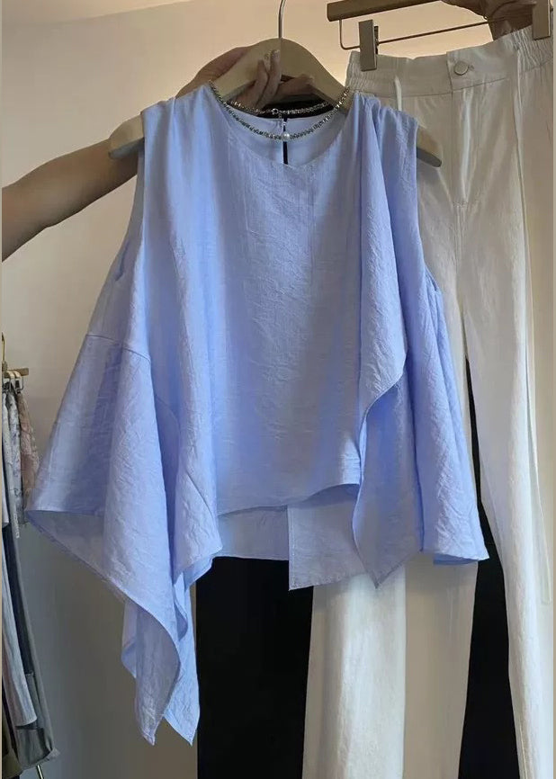 Shirts Sleeveless Neck O Cotton New White Asymmetrical