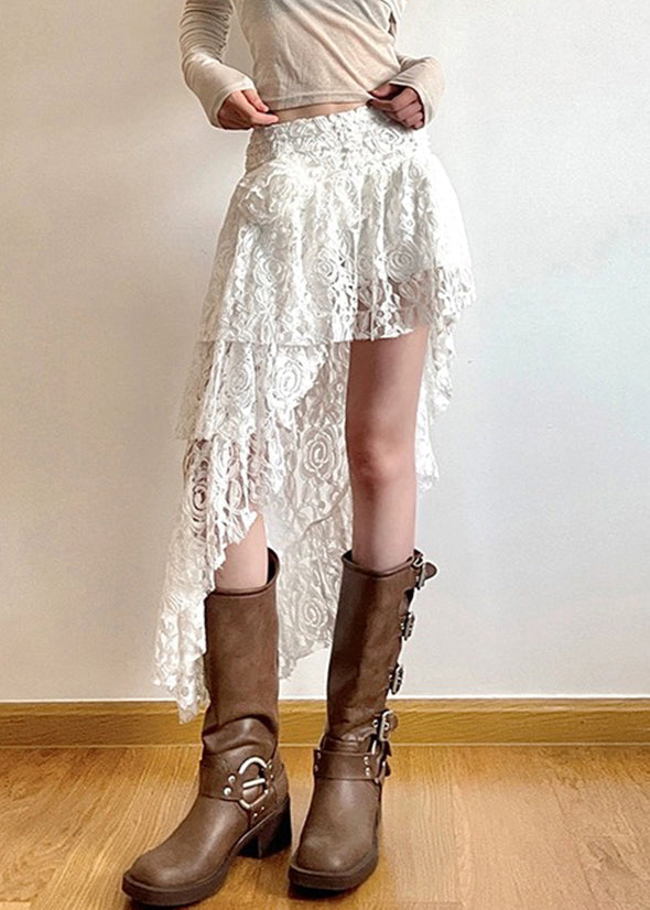 New White Asymmetrical High Waist Lace Skirts Summer KK084