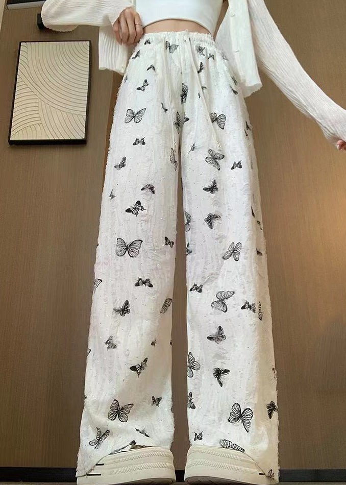 New White Butterfly Hollow Out Elastic Waist Cotton Pants Summer AB1003