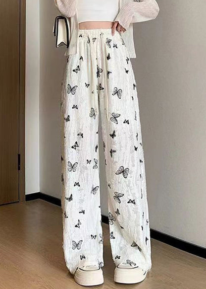 Pantalon en coton à taille élastique ajouré avec papillon blanc pour l'été AB1003