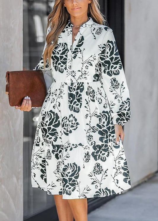 New White Button Print High Waist Cotton Dresses Long Sleeve AU1012