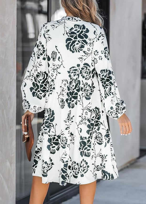 New White Button Print High Waist Cotton Dresses Long Sleeve AU1012