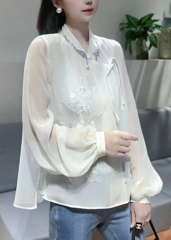 New White Embroidered Chinese Button Chiffon Shirt Spring Ada Fashion