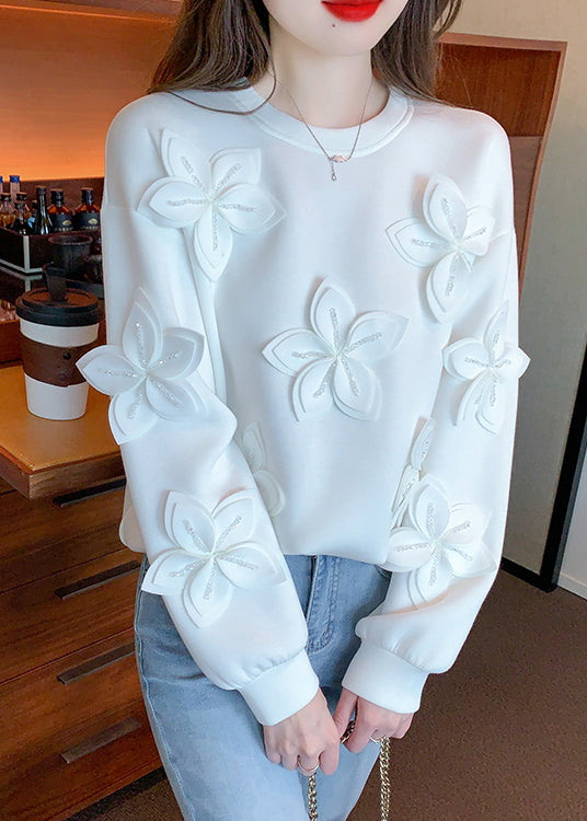 New White Floral Solid Patchwork Cotton T Shirt Fall WM029