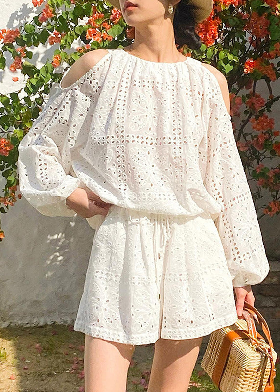 Out And Two Cotton New Tops Pieces Shorts Hollow Summer White Set