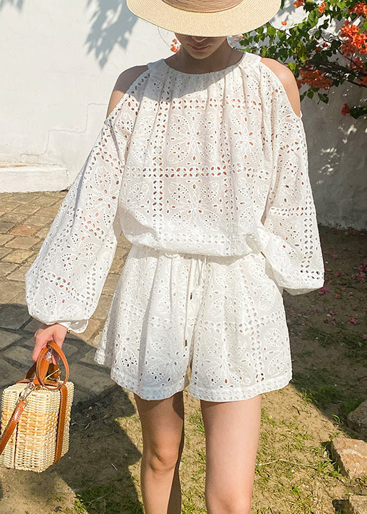 Out And Two Cotton New Tops Pieces Shorts Hollow Summer White Set