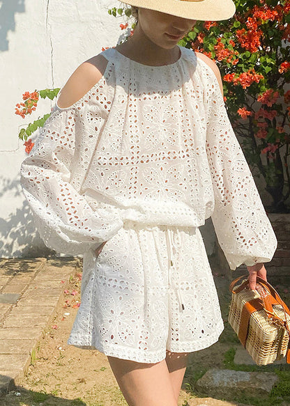 Out And Two Cotton New Tops Pieces Shorts Hollow Summer White Set