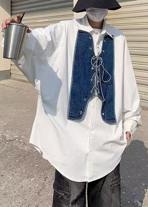 Hemd Herren Up Denim Neue Weiß Frühling Patchwork Spitze