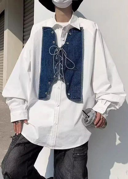 Shirt Mens Up Denim New White Spring Patchwork Lace