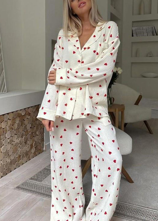 Fall Love Sets White Print Notched New Pajama Cotton