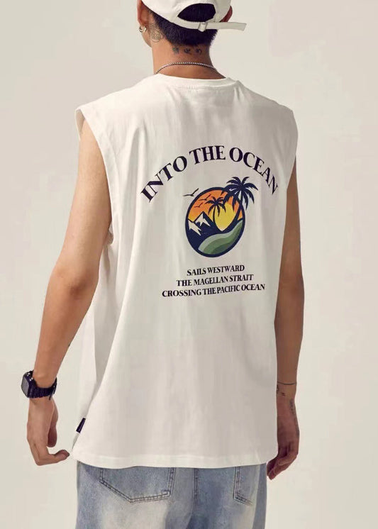 White Cotton Men Tank Neck O Print New Sleeveless