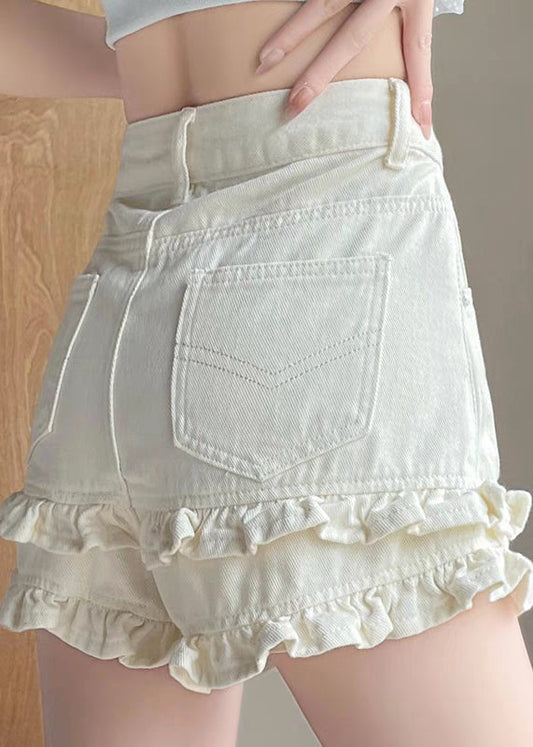 New Denim White Pockets Shorts Ruffled Summer