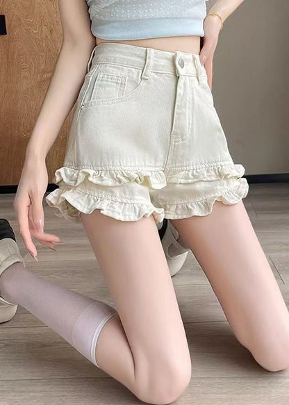 New Denim White Pockets Shorts Ruffled Summer