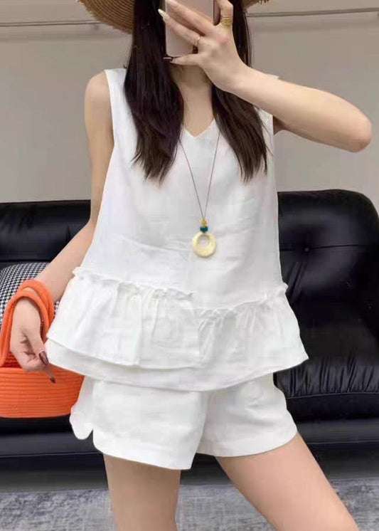 Pieces Two White Solid Ruffled Pockets Linen Set Summer New